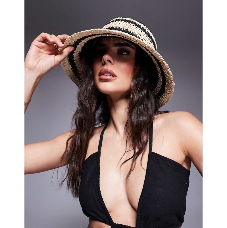 South Beach woven bucket hat in black stripe 105058604