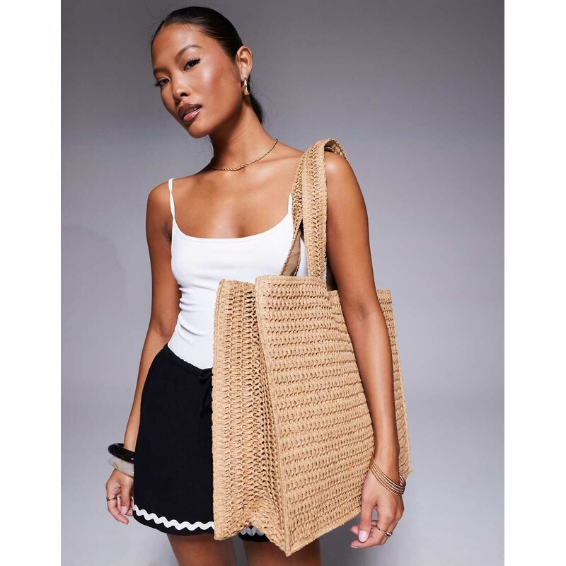 South Beach shoulder straw beach tote bag in beige-Neutral