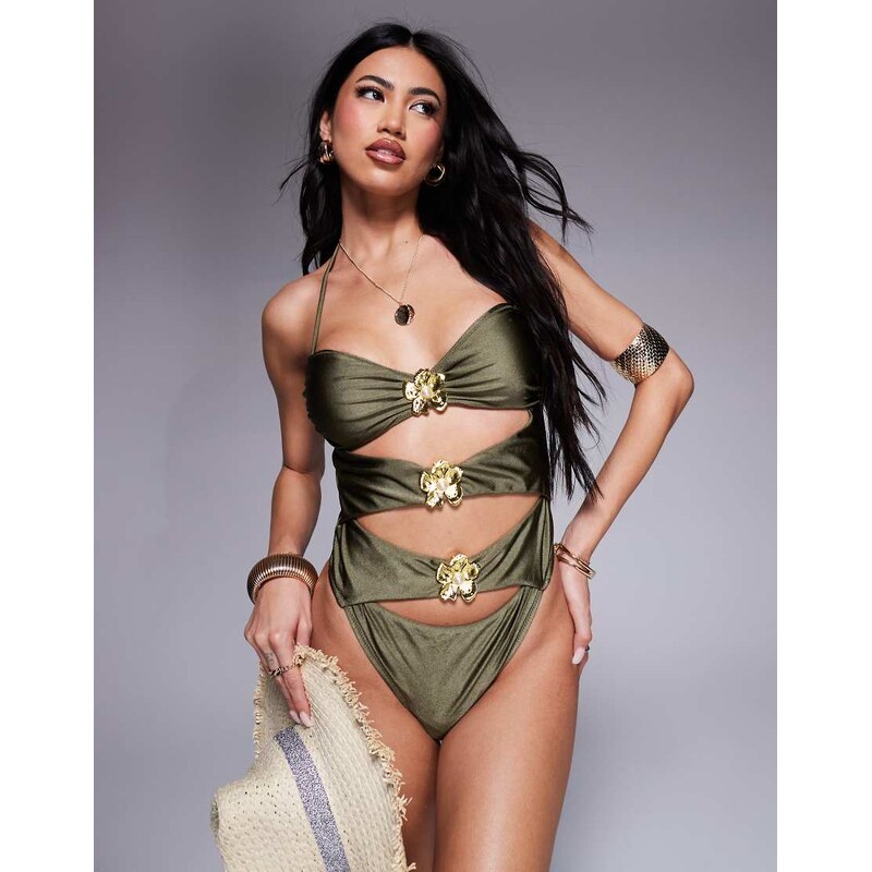 Candypants gold flower hardware cut out swimsuit in olive green