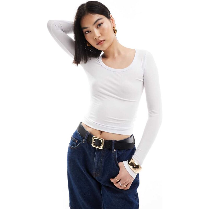 Cotton On rib scoop neck long sleeve top in white