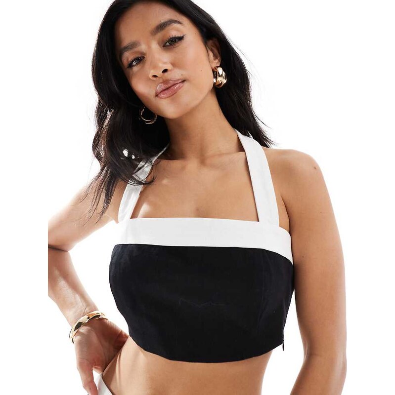 4th & Reckless Petite linen look bandeau halterneck contrast edge top 115510510