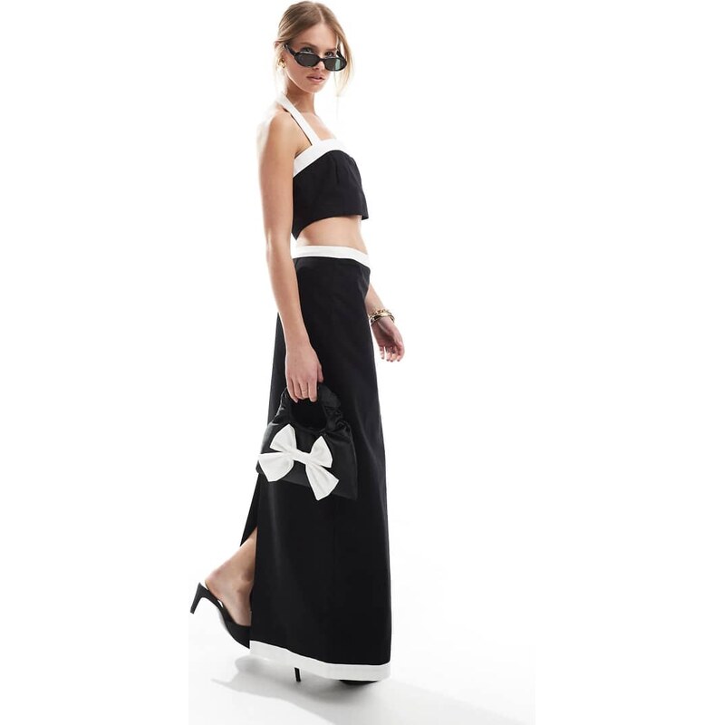 4th & Reckless linen look contrast edge maxi skirt co-ord in mono 115007098