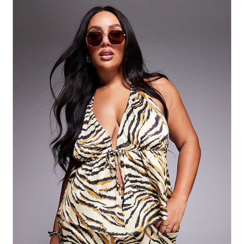 ASOS Curve ASOS DESIGN Curve Gia satin wrap top in animal print-Multi 105058821