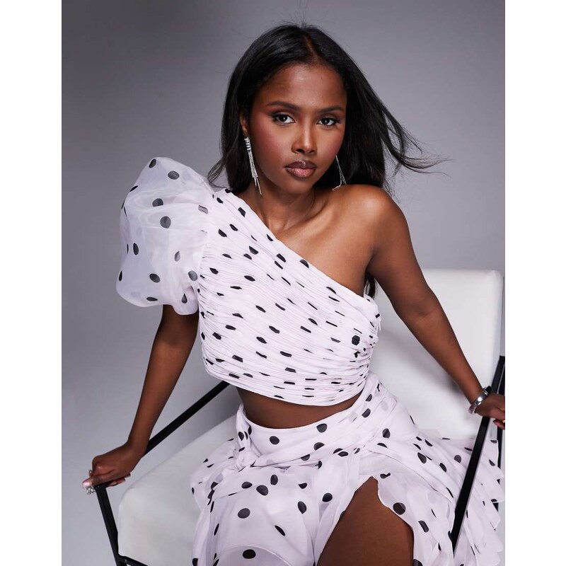 ASOS LUXE co-ord organza one shoulder blouson sleeve top in polka dot 115746193
