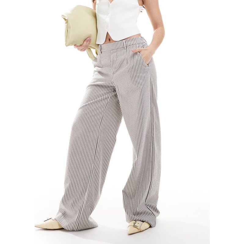 Object wide leg tailored trousers in brown and white stripe