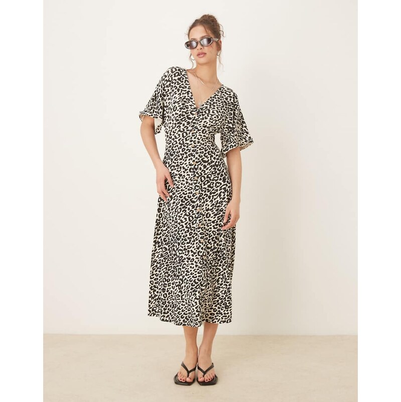 ASOS DESIGN roll sleeve button front midi tea dress in animal