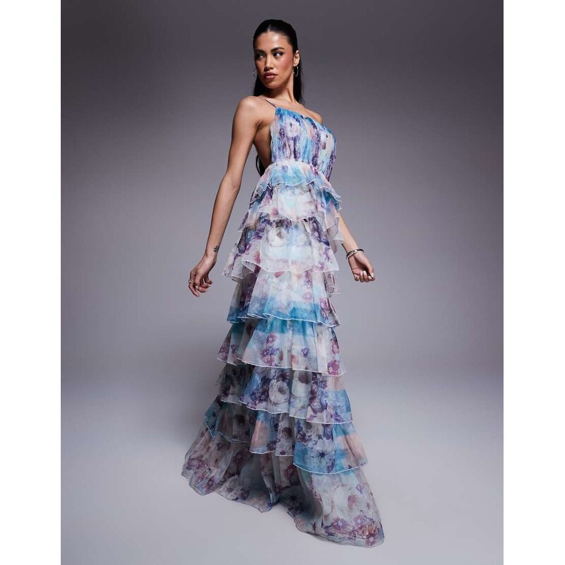 ASOS LUXE organza asymmetric ruffle maxi dress in floral print-Multi 105070012