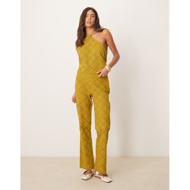 ASOS DESIGN straight leg trousers co-ord with geo cutwork in olive-Green