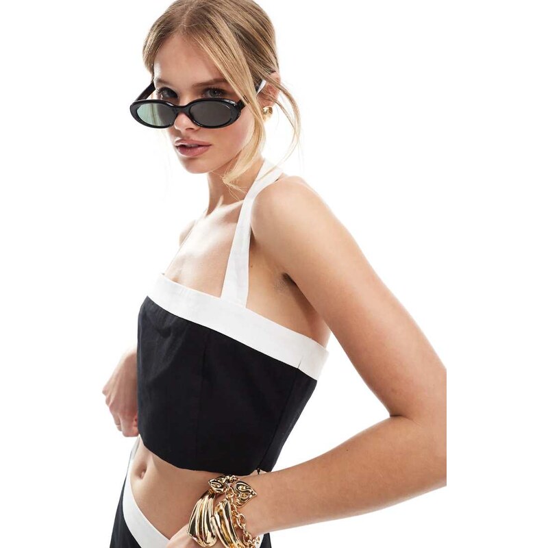 4th & Reckless linen look halterneck contrast edge crop top co-ord in 113750193