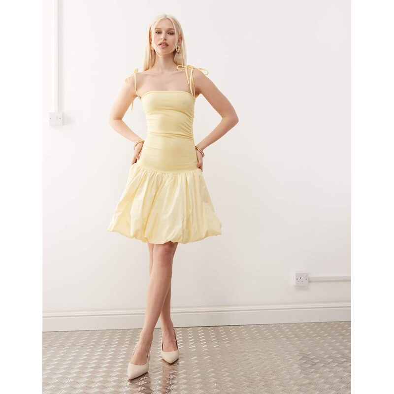 Amy Lynn Alexa tie shoulder puffball mini dress in buttermilk-Yellow 105070112