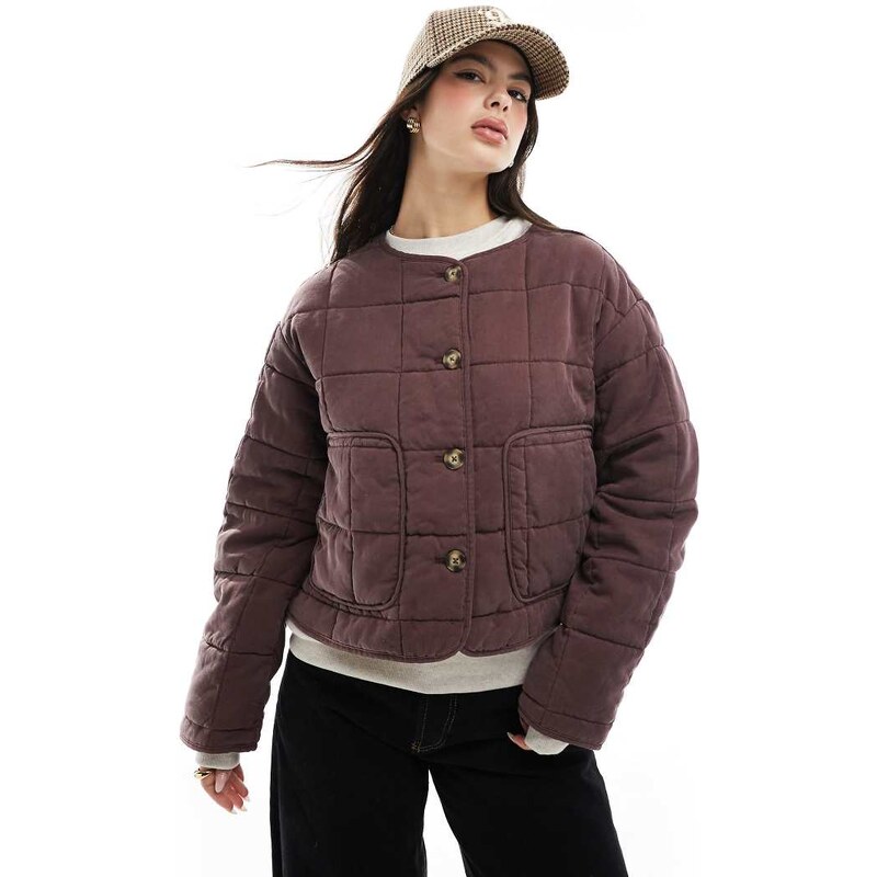ASOS DESIGN crop collarless quilted jacket in chocolate-Brown