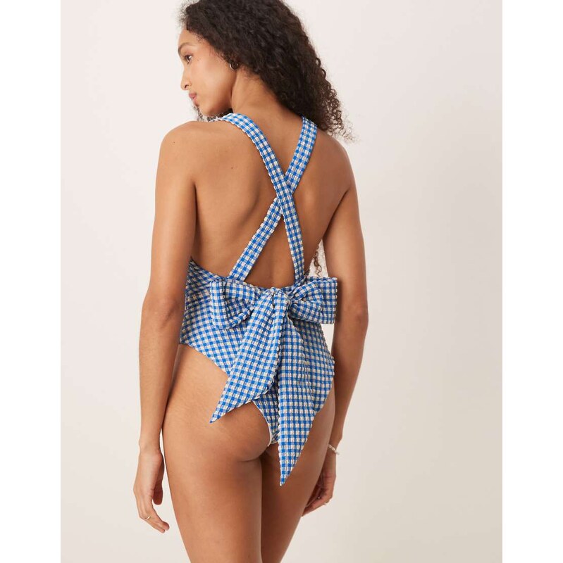 ASOS DESIGN seersucker scoop swimsuit with giant bow back detail in 105064539