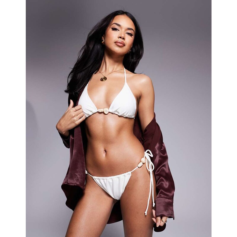 Candypants beaded tie side bikini bottom in coconut-White 105069978