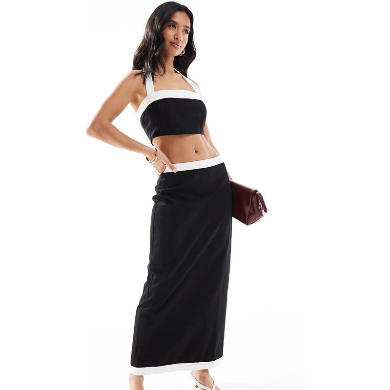 4th & Reckless Petite linen look contrast edge maxi skirt co-ord in 115454840