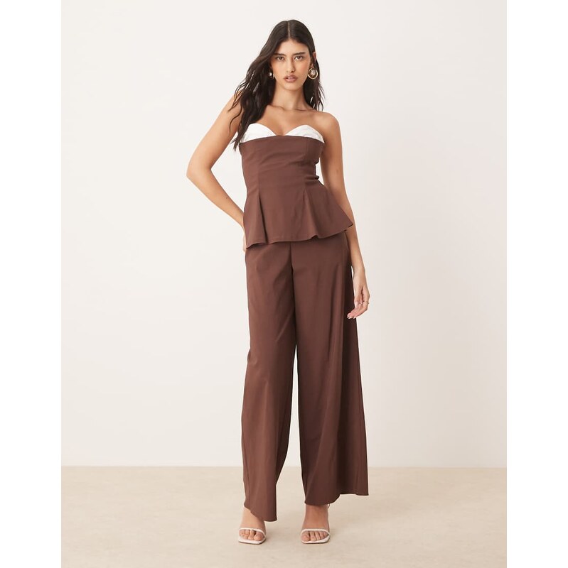 ASOS DESIGN contrast cup bandeau overlay jumpsuit in chocolate brown 105070152