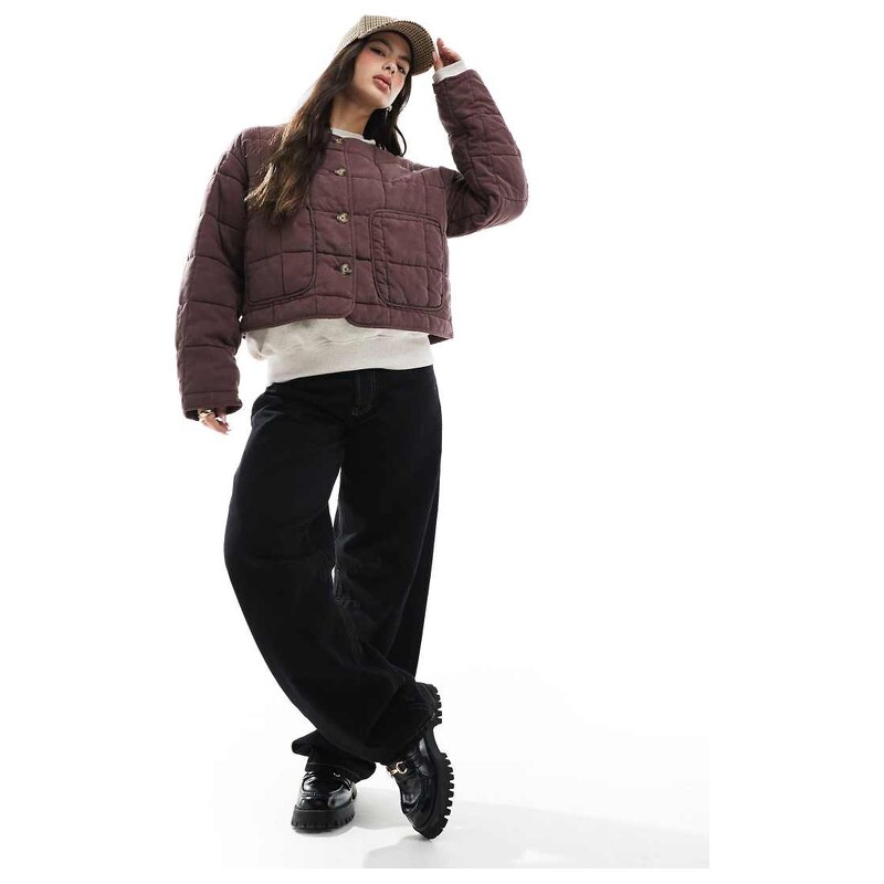 ASOS DESIGN crop collarless quilted jacket in chocolate-Brown