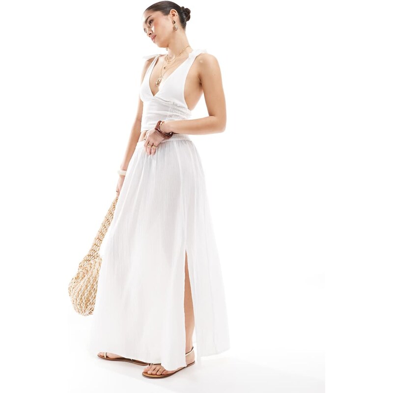 Esmee Exclusive shirred hem maxi beach skirt in white