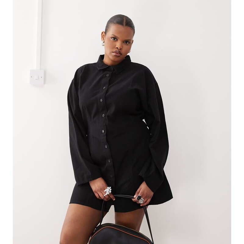 COLLUSION Plus twill mini shirt dress with sculpted sleeve in black 110578721