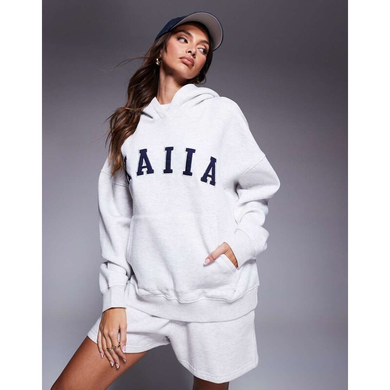 Kaiia cotton blend embroidered logo hoodie co-ord in light grey marl 108997601