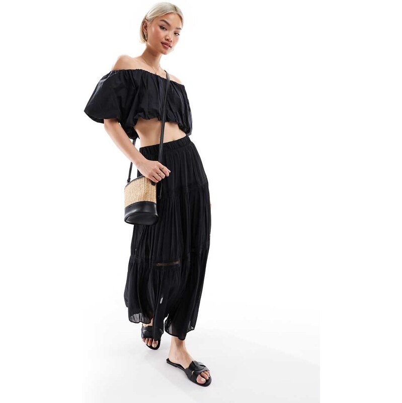 New Look lace insert crinkle tiered midi skirt in black