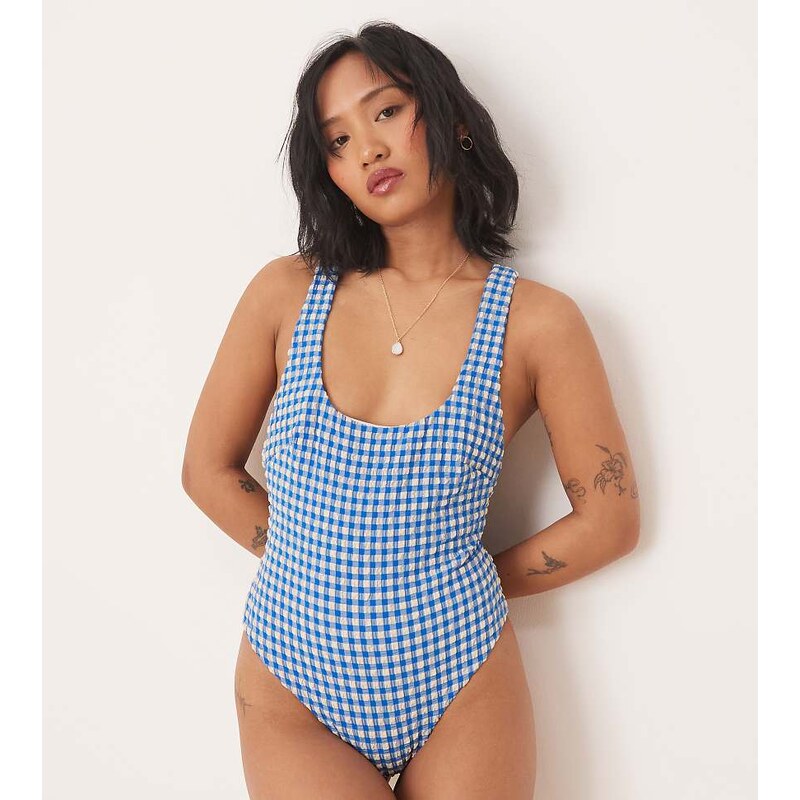 ASOS Petite ASOS DESIGN Petite seersucker scoop swimsuit with giant 112780721