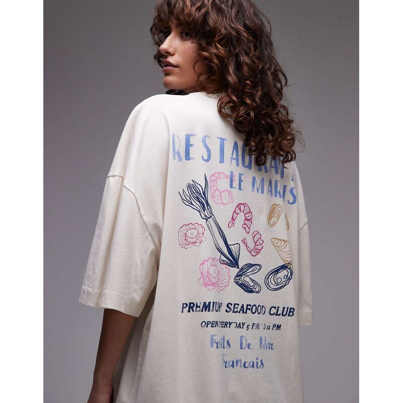 Topshop graphic oyster print oversized tee in ecru-White 105084722