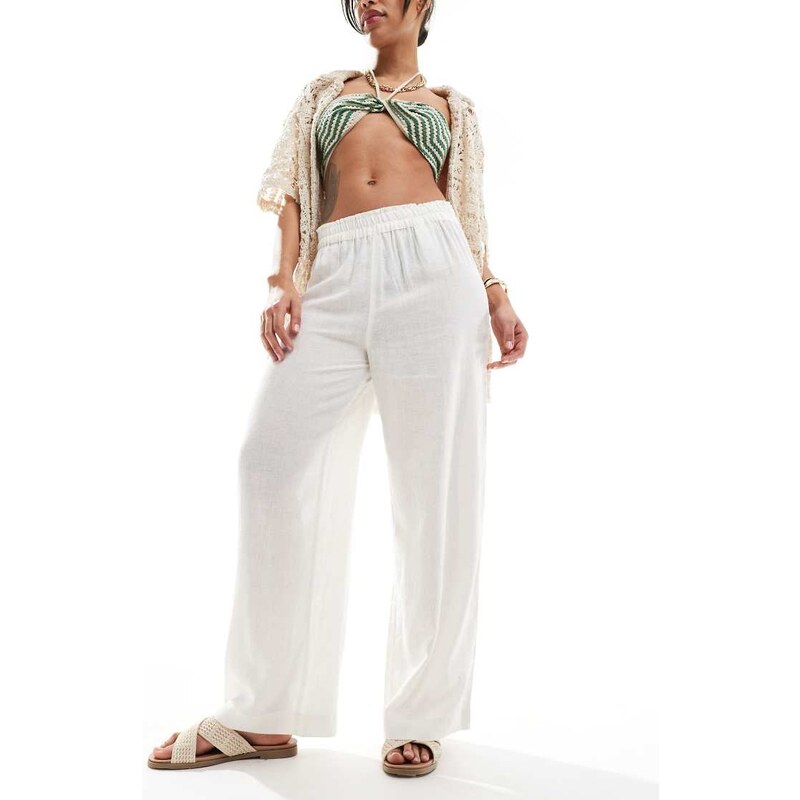 ONLY linen mix wide leg trousers co-ord in white-Grey 105672285