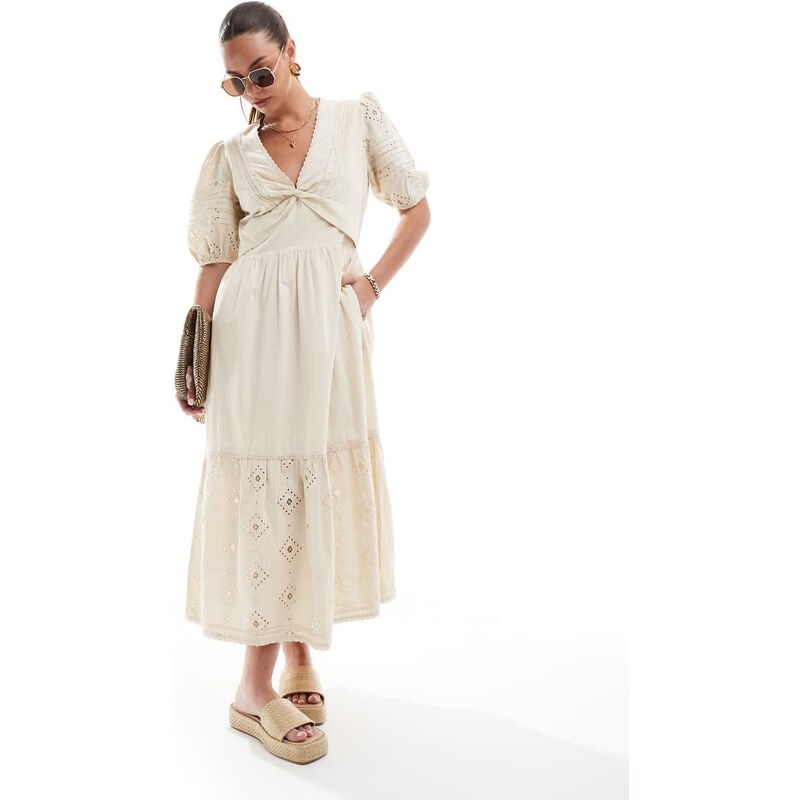 French Connection Cambria cotton broderie midi dress in beige-Yellow 105265651