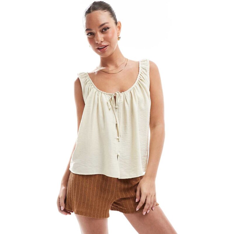 ASOS DESIGN scoop neck vest with tie front in stone-Neutral