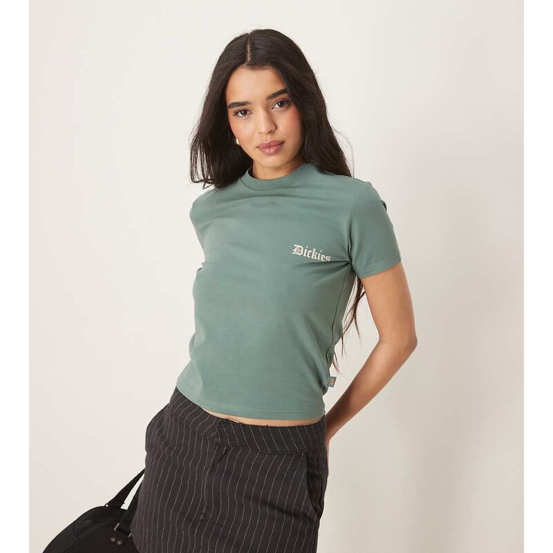 Dickies deep rooted graphic back print baby tee in dark green- 105102287