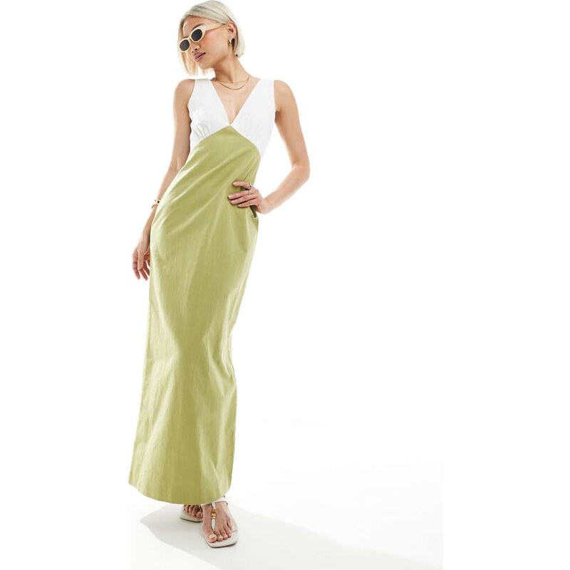 4th & Reckless linen look contrast plunge neck maxi dress in cream and 105102379
