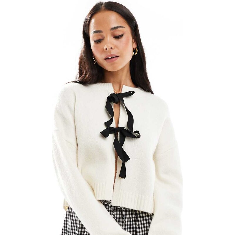 Brave Soul cardigan with bow front ties in cream and black-White 105101847