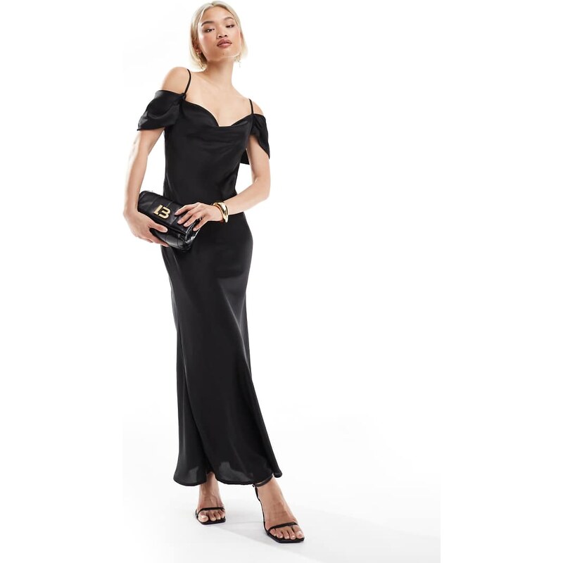 New Look bardot sleeve satin midaxi dress in black 105102001