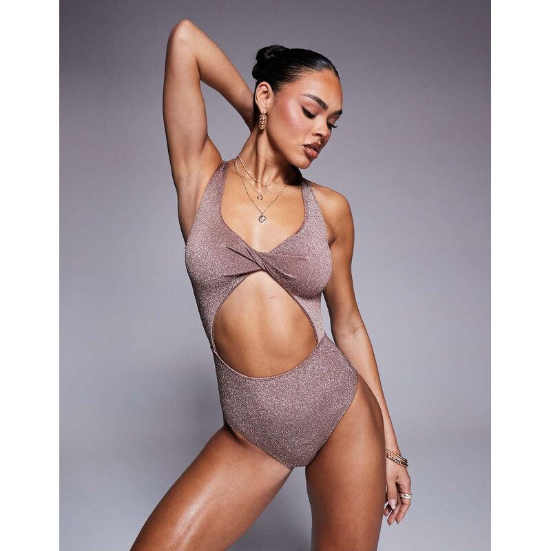 South Beach tist front cut out glitter swimsuit in taupe-Neutral 105105025