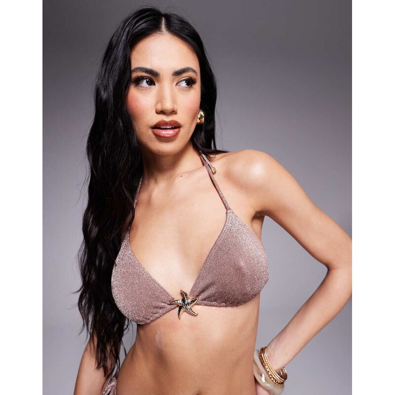 South Beach glitter triangle halter bikini top in taupe-Neutral 105105031