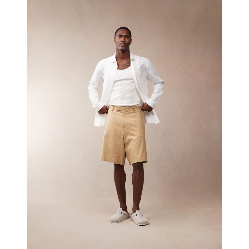 ASOS DESIGN smart linen blend bermuda shorts in tan-Neutral