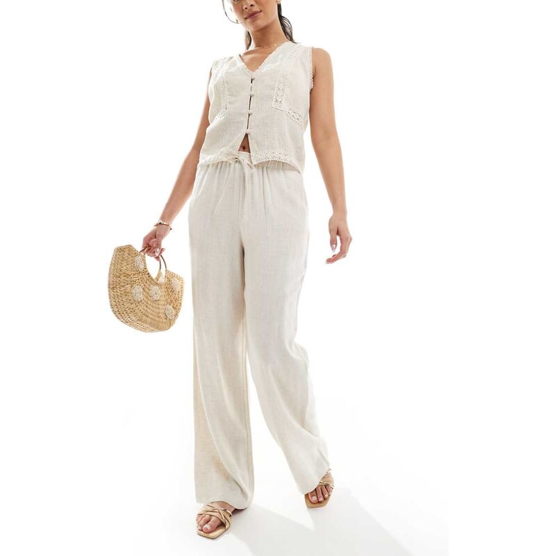 ONLY pull up linen trousers co-ord in beige-Neutral 105113556