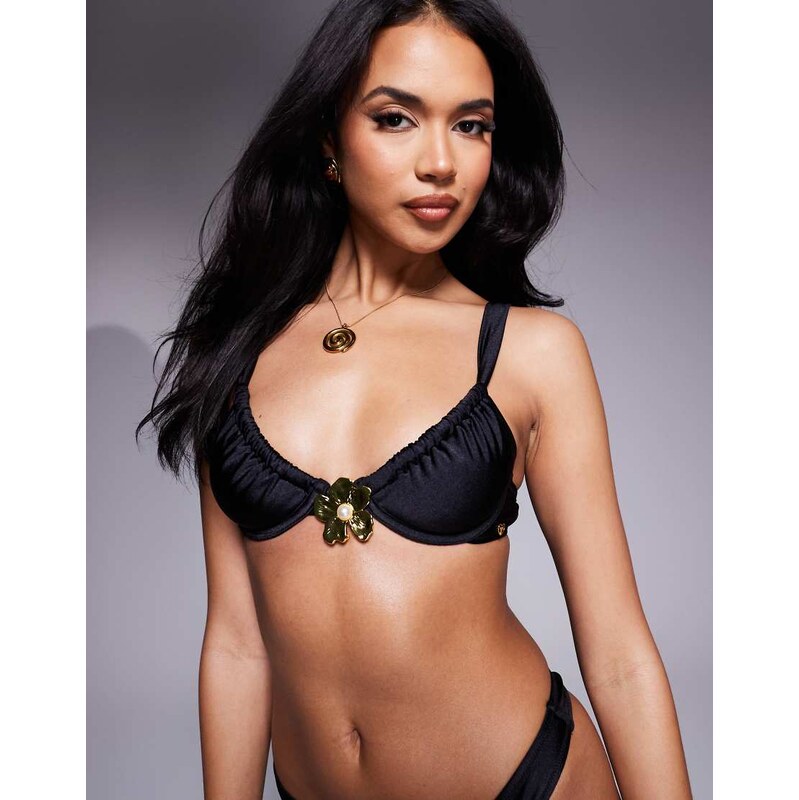 Candypants gold flower hardware underwire bikini top in black