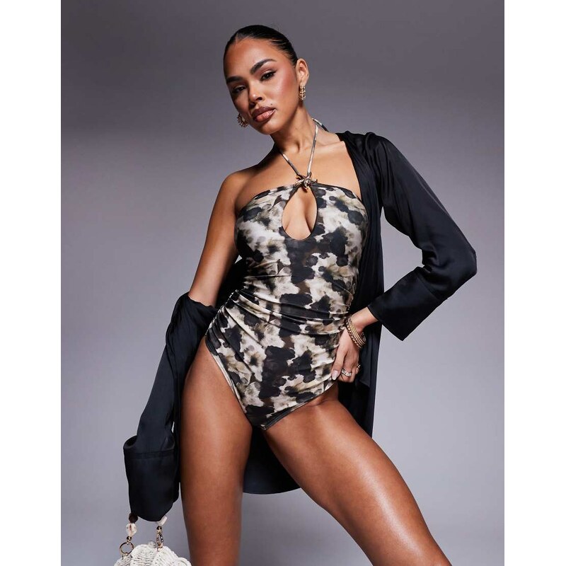 South Beach halter gold star swimsuit in smoke print-Multi 105105586
