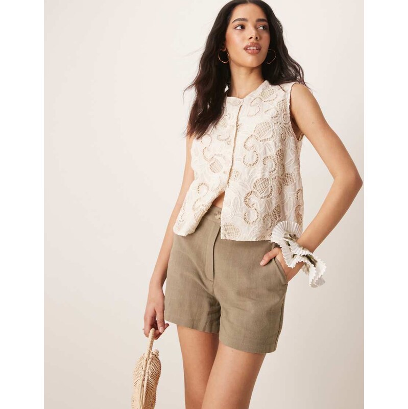 ASOS DESIGN relaxed dad short with linen in khaki-Green 105876945