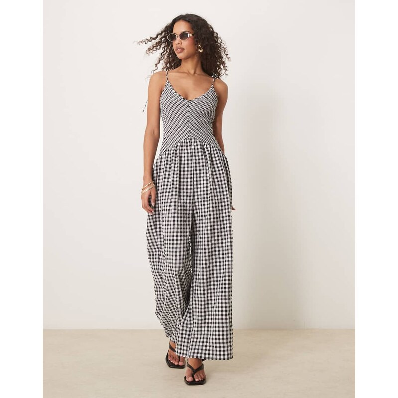 ASOS DESIGN V neck poly crinkle dropped waist jumpsuit in