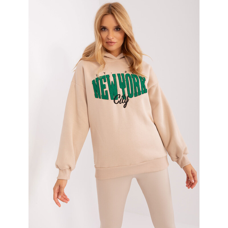 BASIC Béžová mikina s nápisem a kapucí -beige