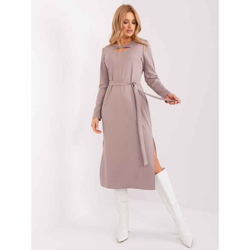 BASIC Béžové midi šaty s páskem -LK-SK-509447.75P-dark brown
