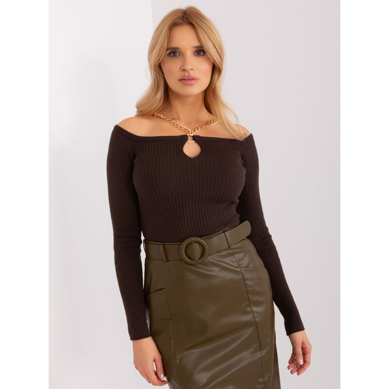 BASIC Tmavě hnědý svetr s řetízkem -dark brown Hnědá 87455005