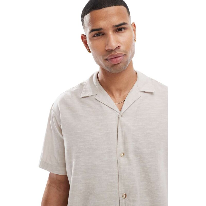Jack & Jones revere collar linen blend shirt in beige-Neutral