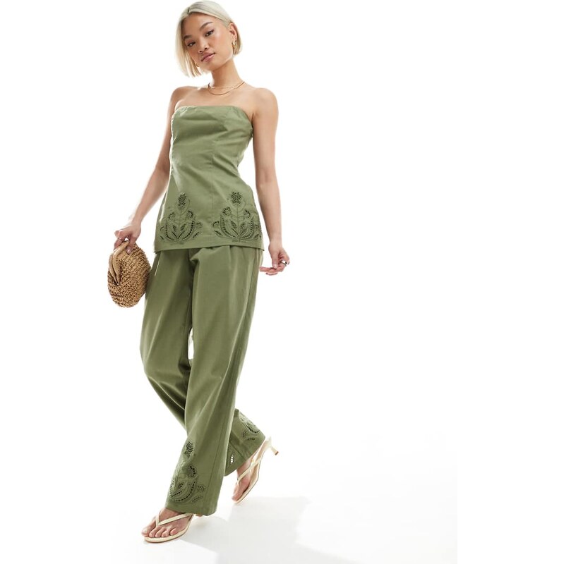 4th & Reckless linen blend flower cutwork detail wide leg trousers co 105104998