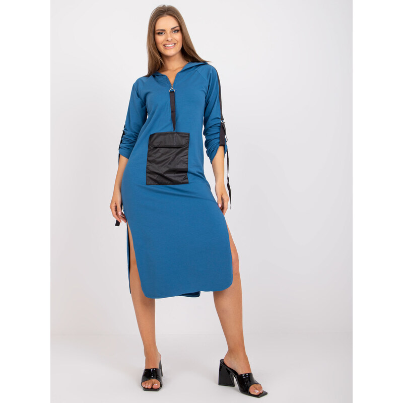 BASIC Modré dámské dlouhé mikinové šaty -blue Modrá 84024333