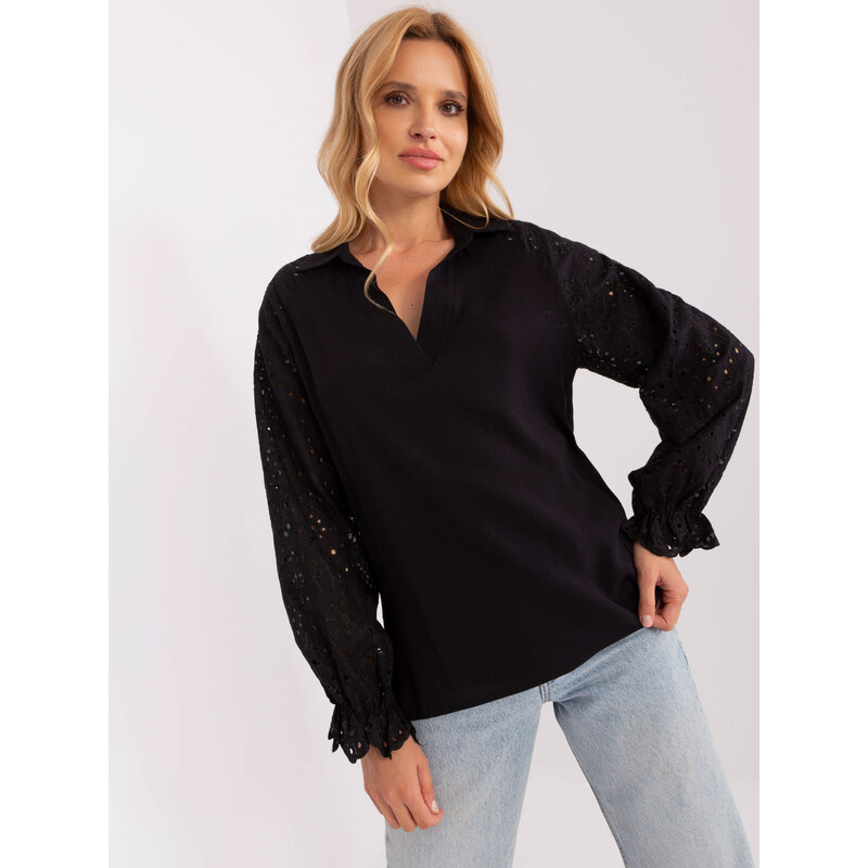 BASIC Černá halenka s madeirovými rukávy -LK-BZ-509328.20-black