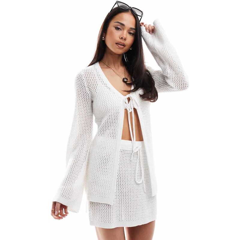 4th & Reckless beach crochet tie front longline top co-ord in white 113260502