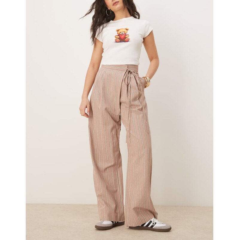ASOS DESIGN tailored wrap tie trousers with linen in mink stripe